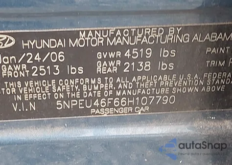 2006 Hyundai Sonata Gls V6/Lx V6 z USA, uszkodzony, nr VIN 5NPEU46F66H107790